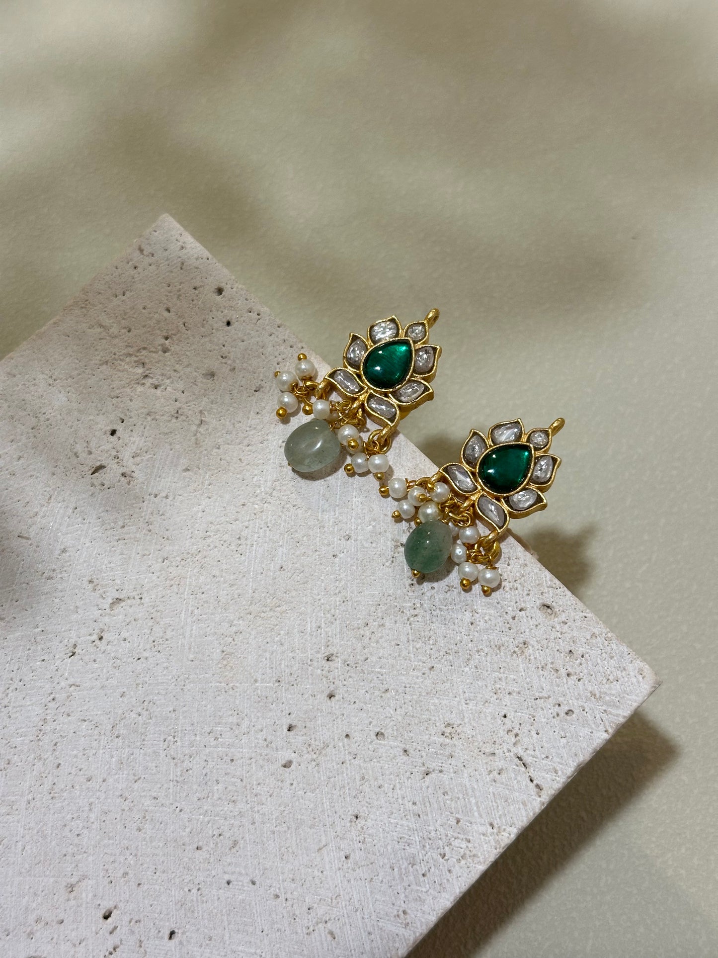 Green Jadau Kundan Floral Studs