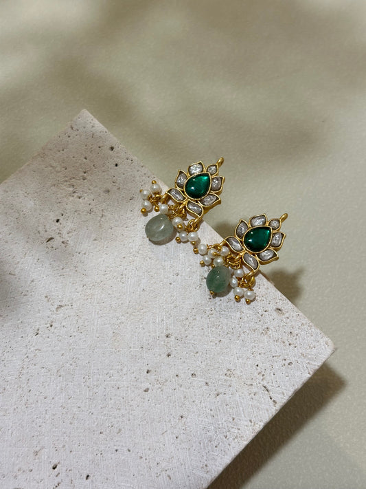 Green Jadau Kundan Floral Studs