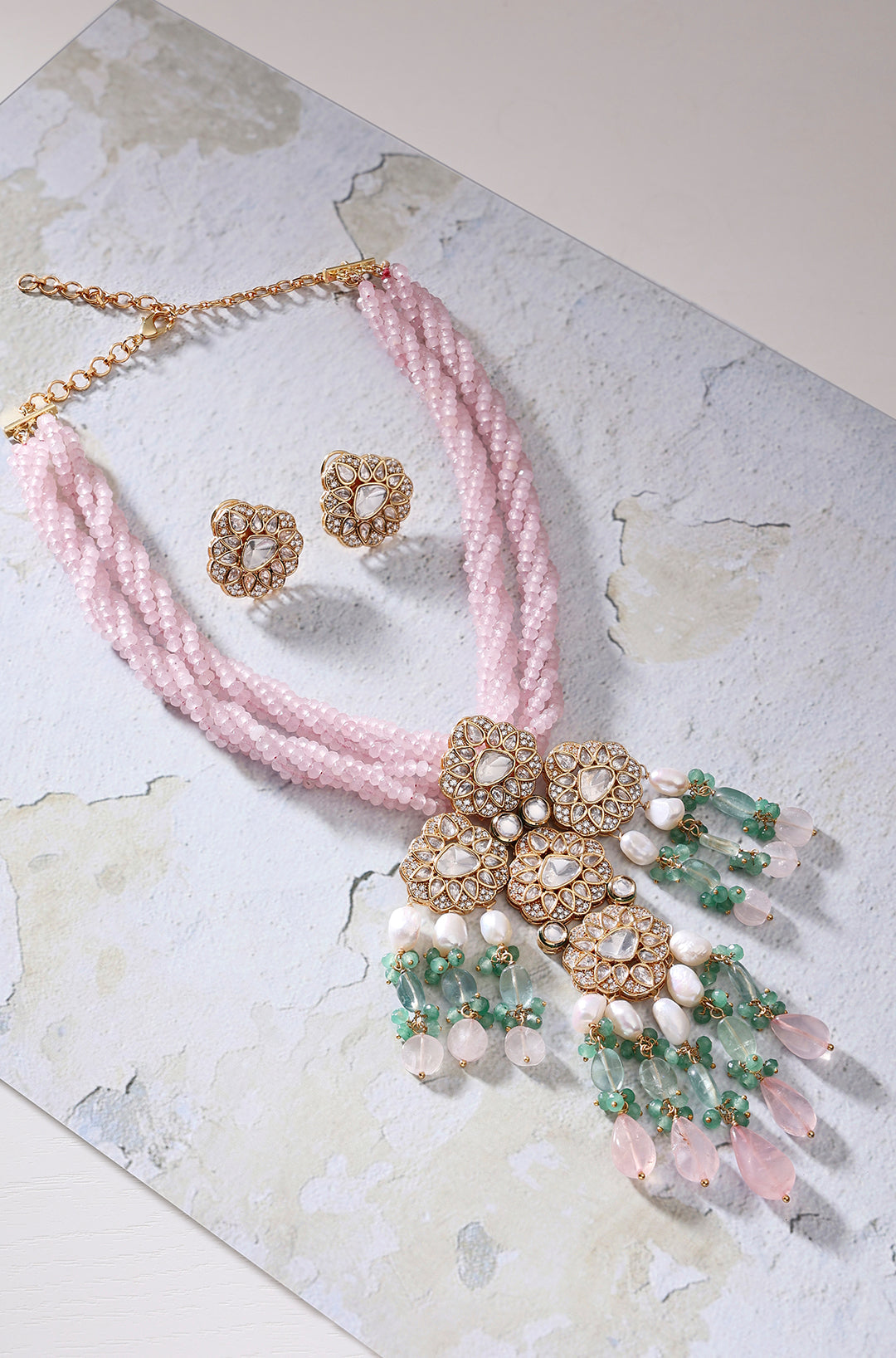 Twisted Beaded Pink & Green Polki Necklace